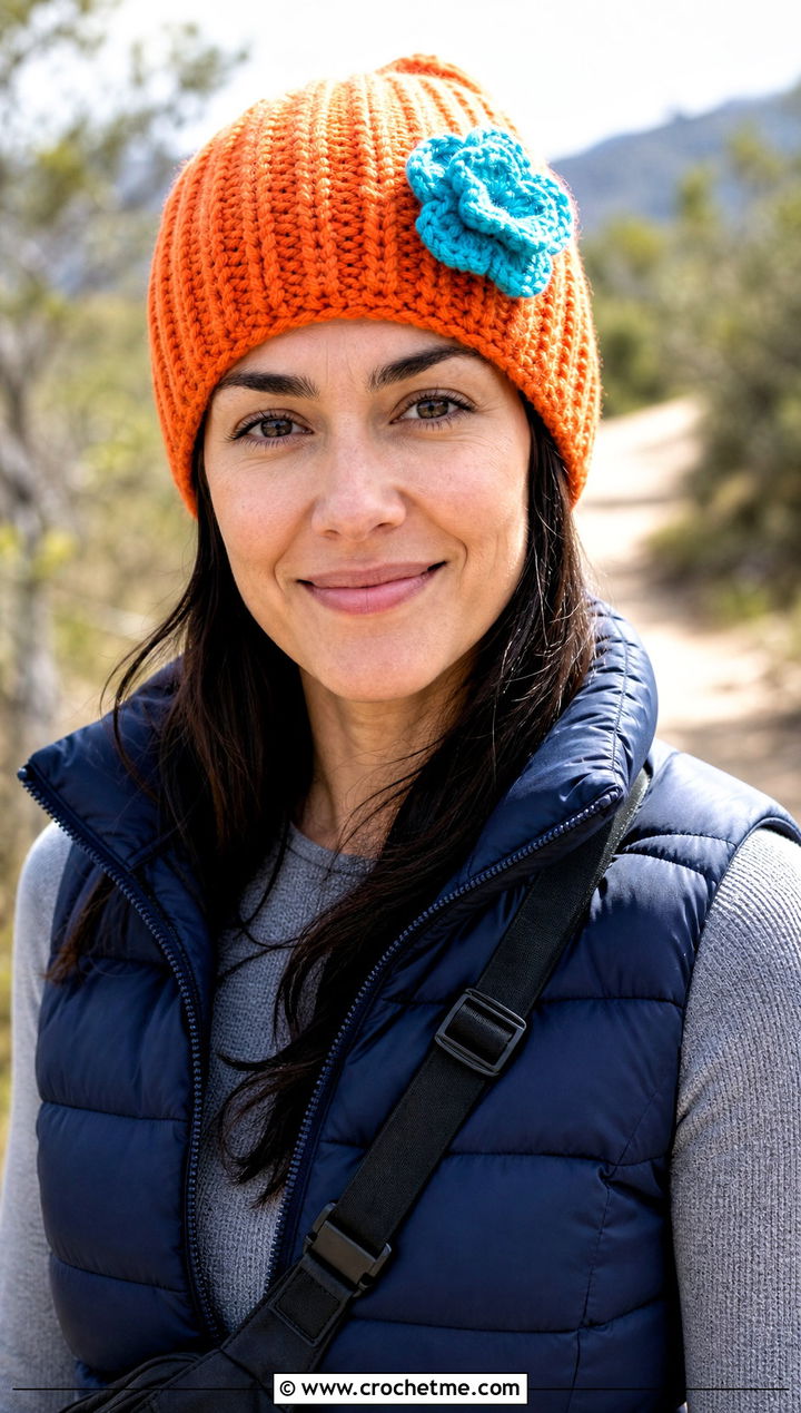 Ribbed Flower Crochet Beanie With Puffer Vest - 30 crochet flower beanie outfit ideas