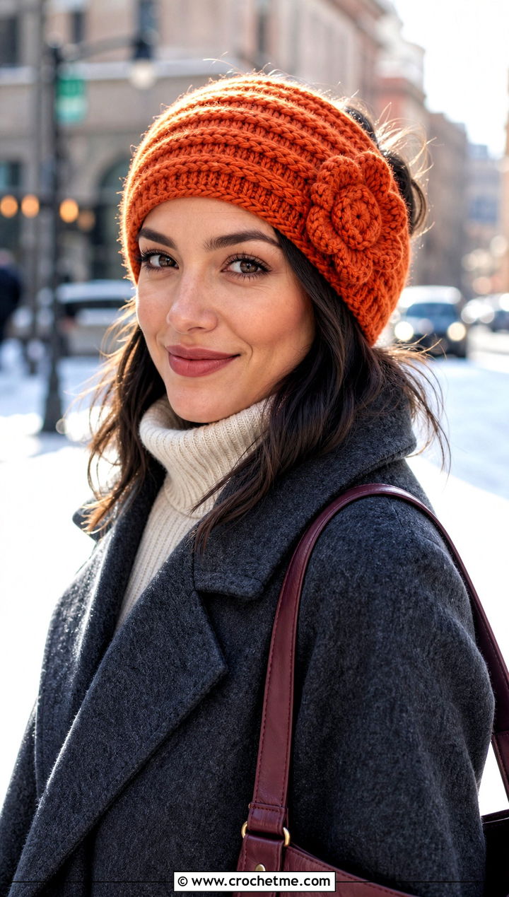 Ribbed Flower Crochet Headband With Wool Coat - 15 crochet headband with flower design outfit ideas