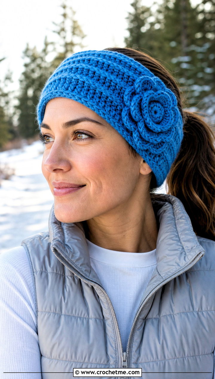 Ribbed Flower Headband With Puffer Vest And Straight Jeans - 30 crochet headband with flower outfit ideas