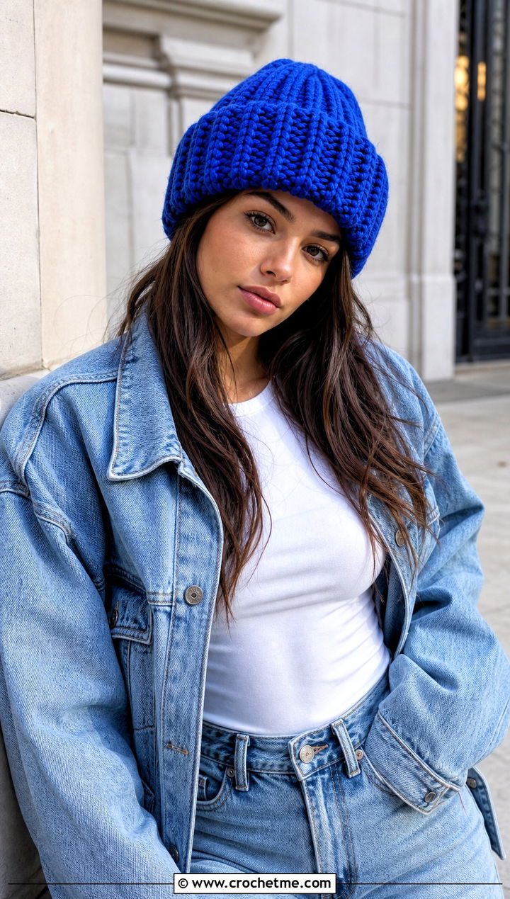 Ribbed Fold Over Beanie With Denim Jacket And Wide Leg Jeans - 15 Crochet Beanie With Super Bulky Yarn outfit ideas