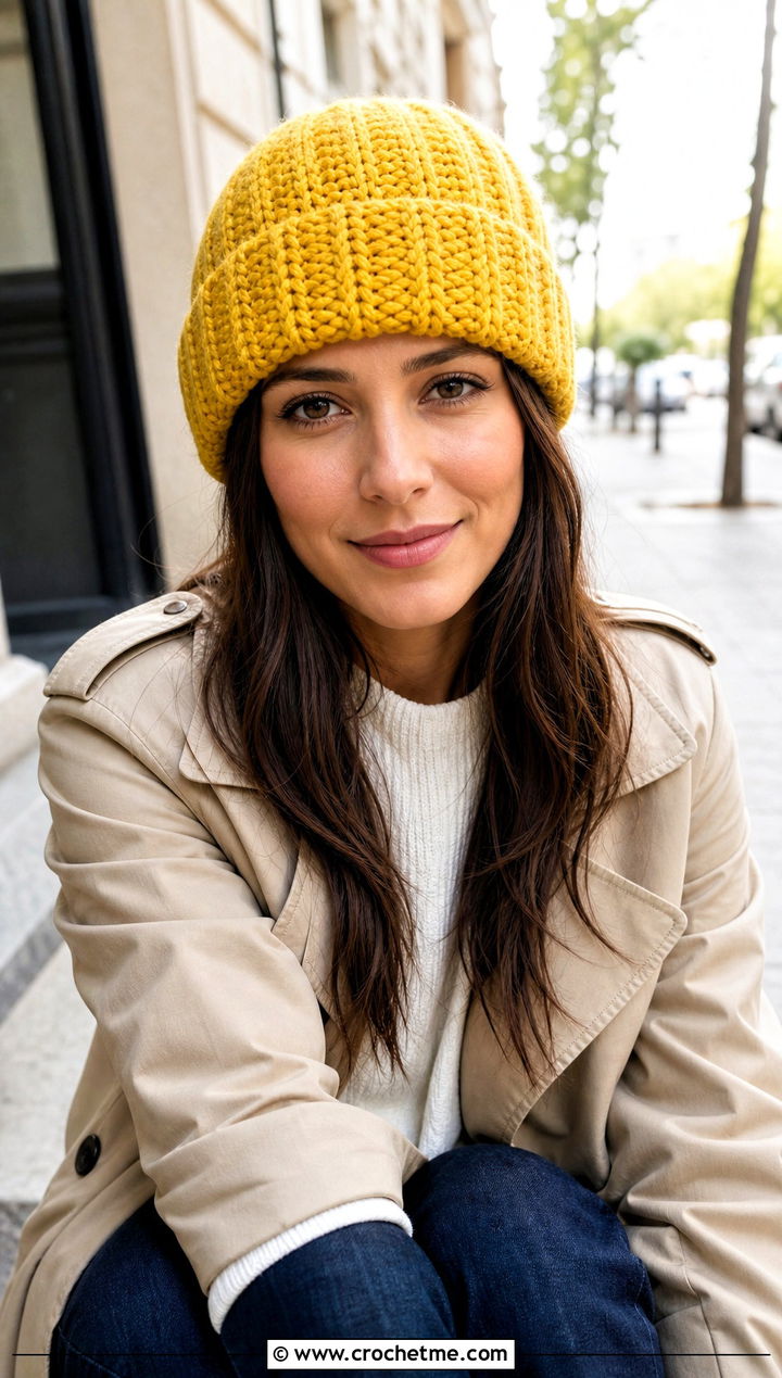 Ribbed Fold Over Highland Crochet Beanie With Trench Coat - 15 highland crochet beanie outfit ideas