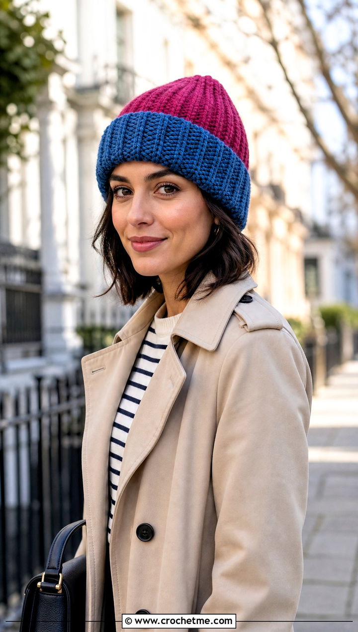 Ribbed Fold Over Reversible Crochet Beanie With Trench Coat - 15 Reversible Crochet Beanie outfit ideas