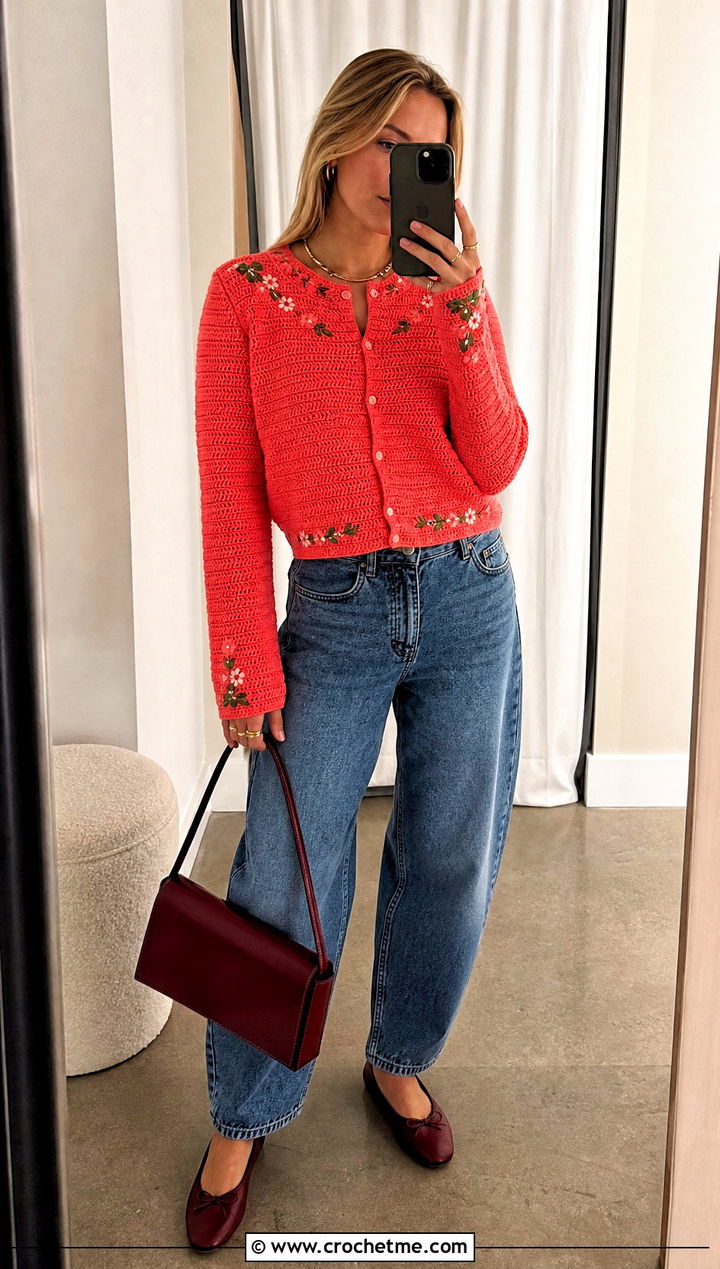 Ribbed Folklore Crochet Cardigan With Barrel Jeans - 30 folklore crochet cardigan outfit ideas