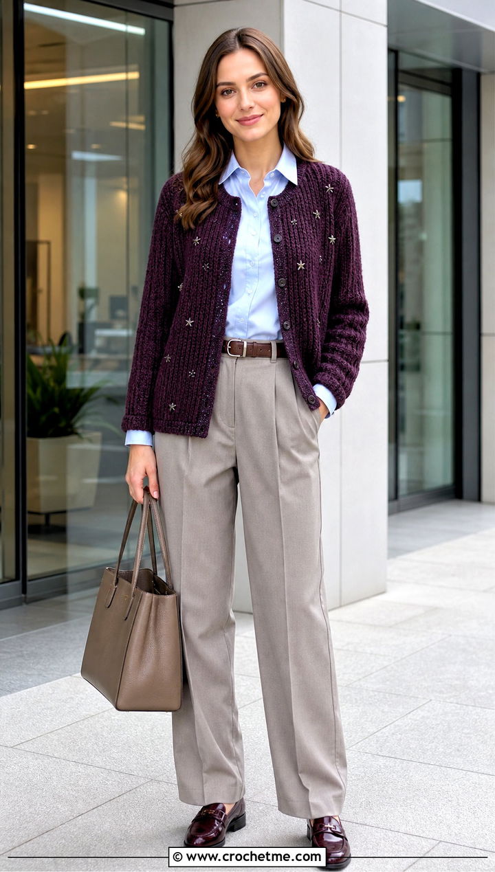 Ribbed Folklore Crochet Cardigan With Pleated Trousers - 25 Taylor Swift Folklore Crochet Cardigan outfit ideas
