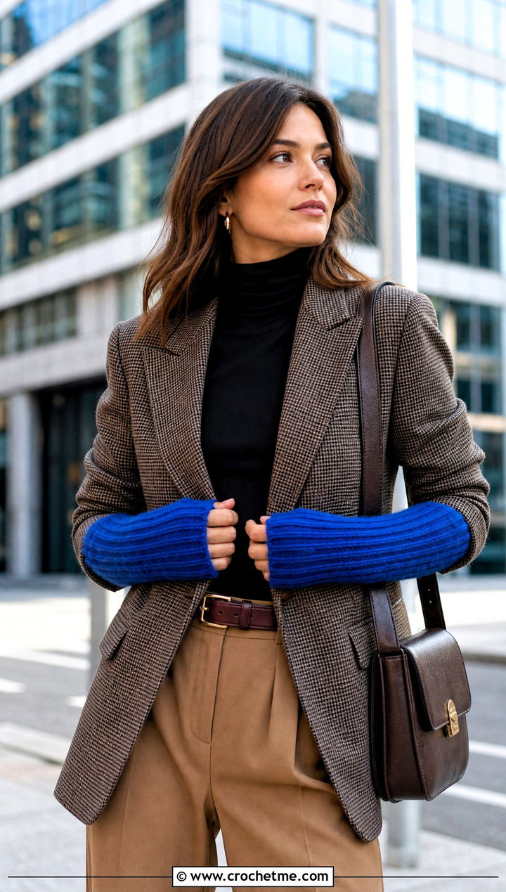 Ribbed Gauntlet Crochet Arm Warmers With Plaid Blazer - 15 crochet arm warmers vintage-styled outfit ideas