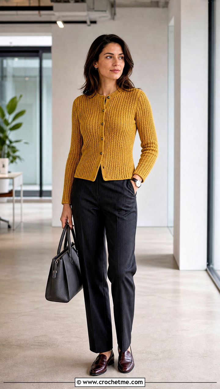 Ribbed Gold Crochet Cardigan With Pinstripe Trousers - 15 gold crochet cardigan outfit ideas