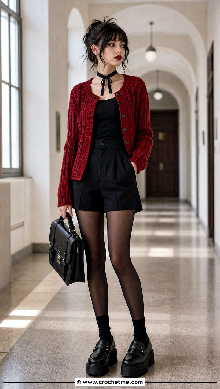Ribbed Goth Crochet Cardigan With Tailored Shorts - 15 goth crochet cardigan outfit ideas