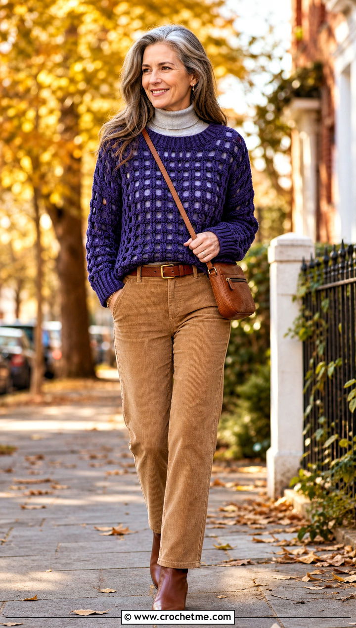 Ribbed Grid Crochet Sweater With Corduroy Pants - 15 Grid Crochet Sweater outfit ideas
