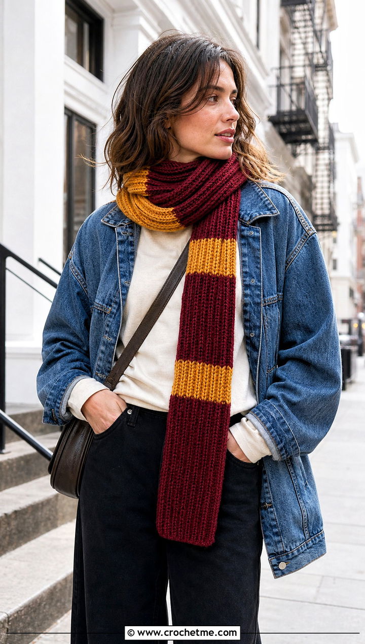 Ribbed Gryffindor Crochet Scarf With Denim Jacket - 25 gryffindor crochet scarf outfit ideas