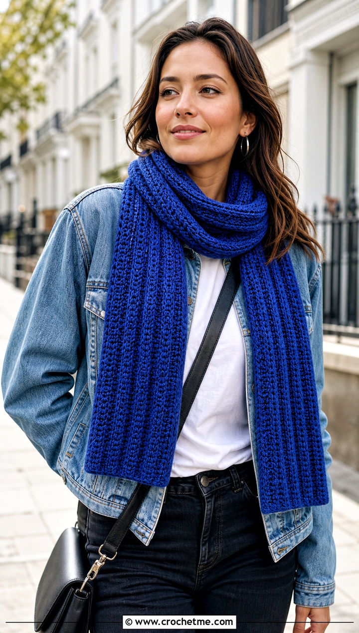 Ribbed HDC Crochet Scarf With Denim Jacket - 20 Hdc Crochet Scarf outfit ideas