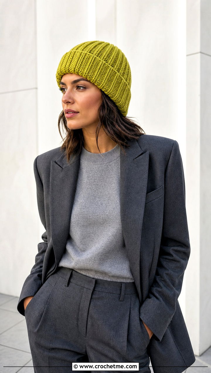 Ribbed Half Double Crochet Beanie With Blazer And Trousers - 30 Half Double Crochet Hat outfit ideas