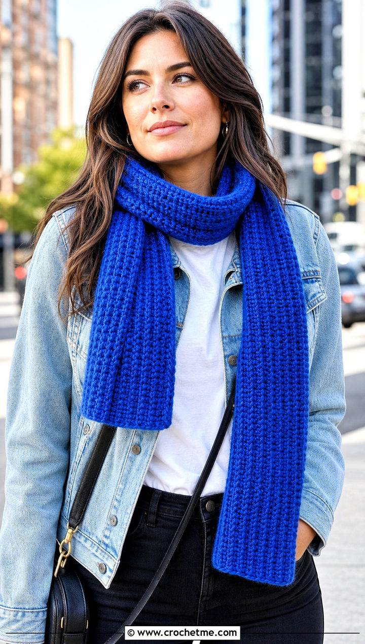 Ribbed Half Double Crochet Scarf With Denim Jacket - 20 Half Double Crochet Scarf outfit ideas