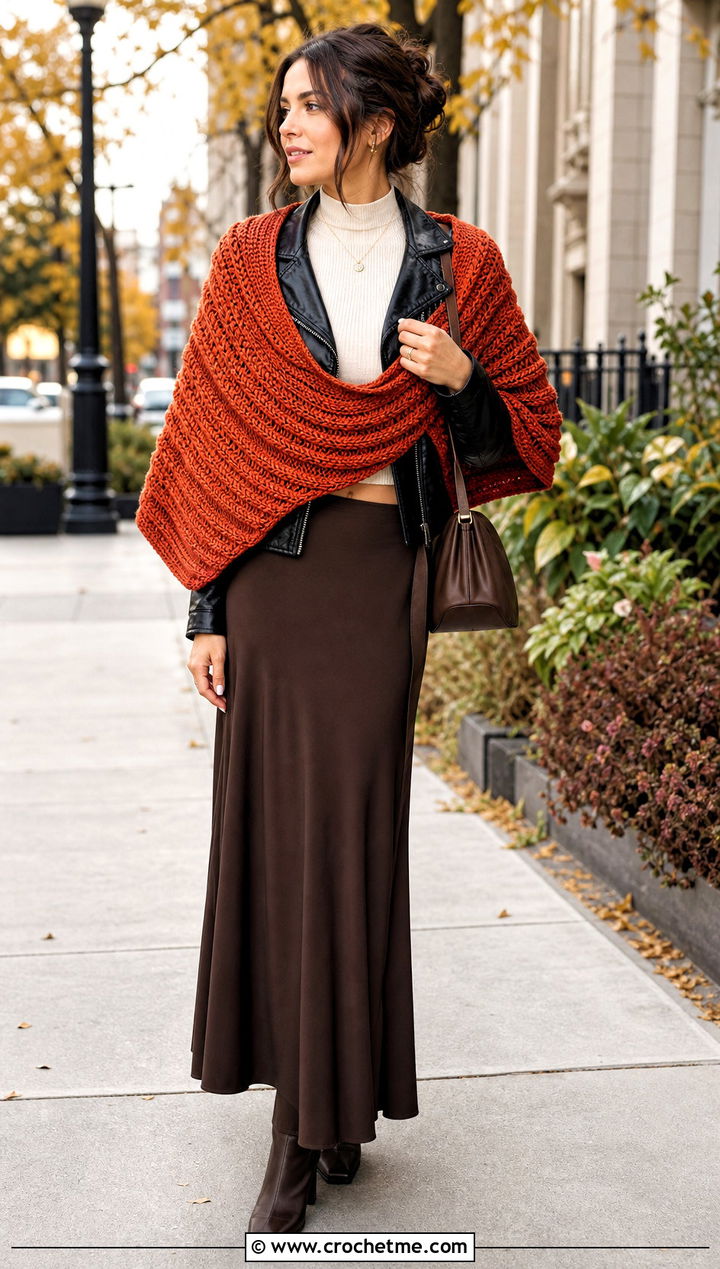 Ribbed Half Moon Crochet Shawl With Leather Jacket And Maxi Skirt - 25 Half Moon Crochet Shawl outfit ideas