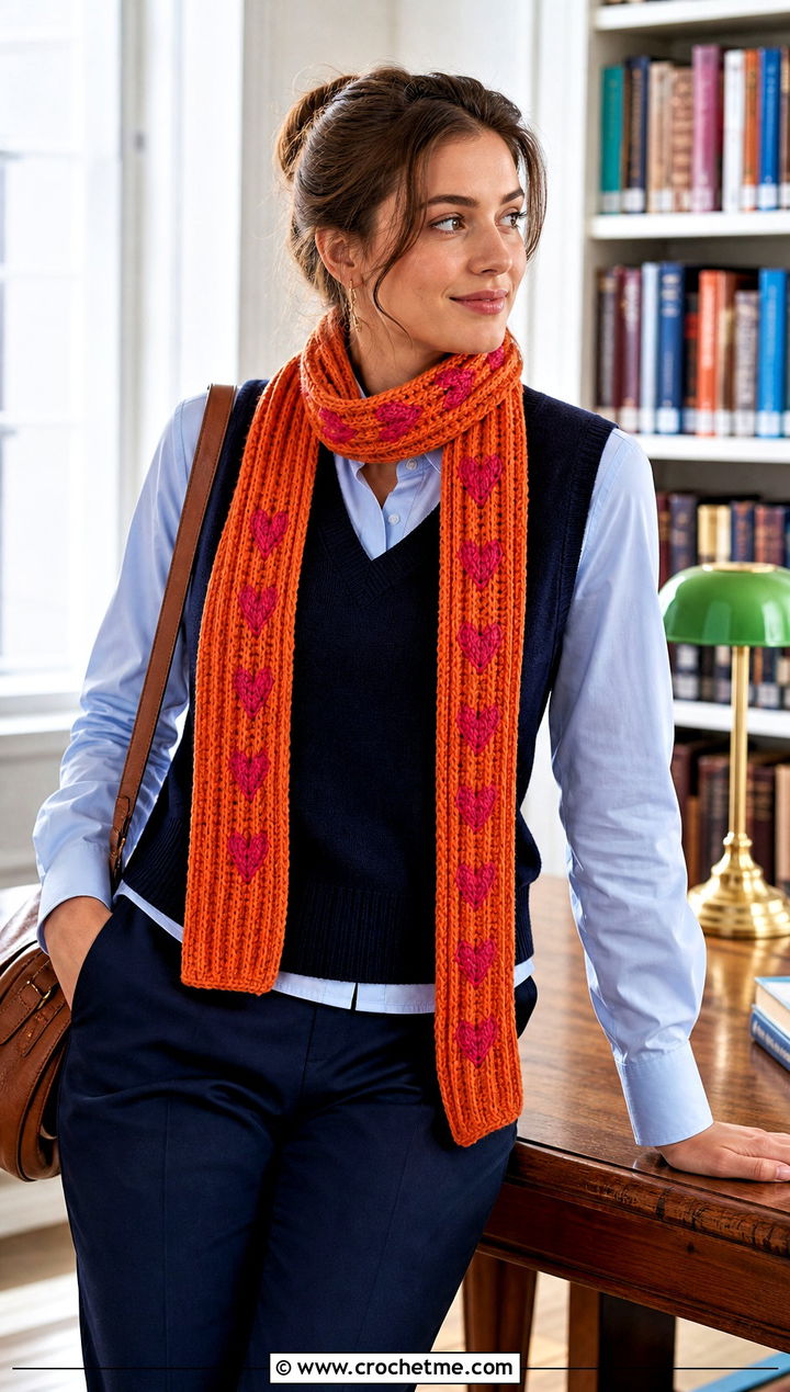 Ribbed Heart Scarf With Sweater Vest Outfit - 25 crochet heart scarf outfit ideas