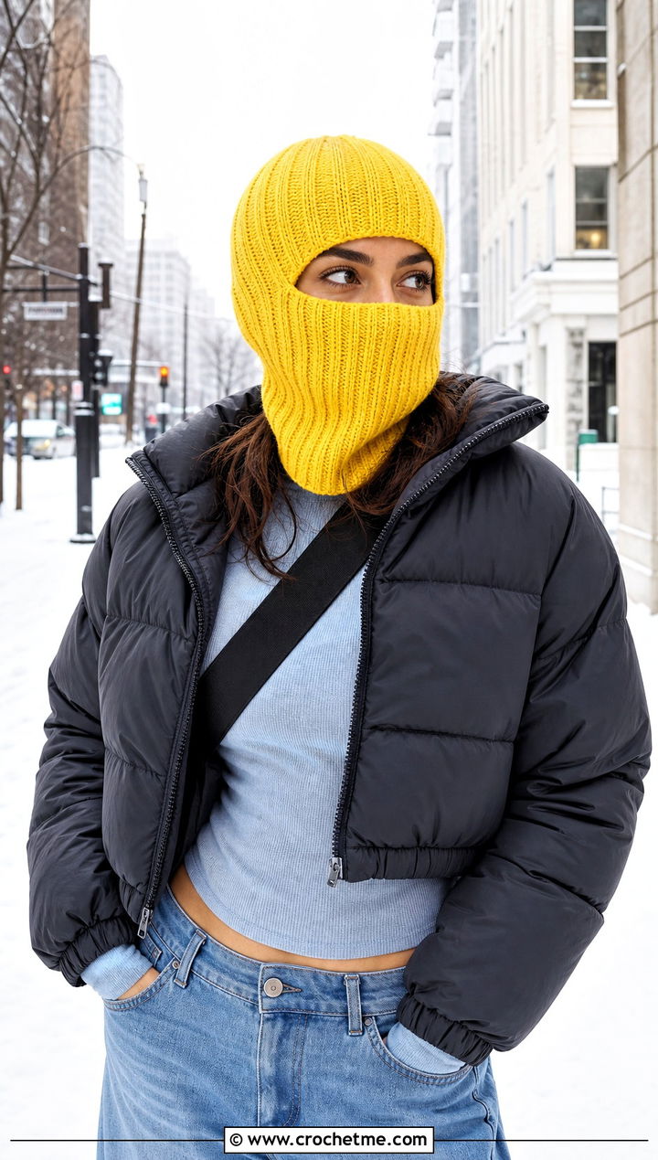 Ribbed Helmet Balaclava With Puffer Jacket - 25 crochet helmet balaclava outfit ideas