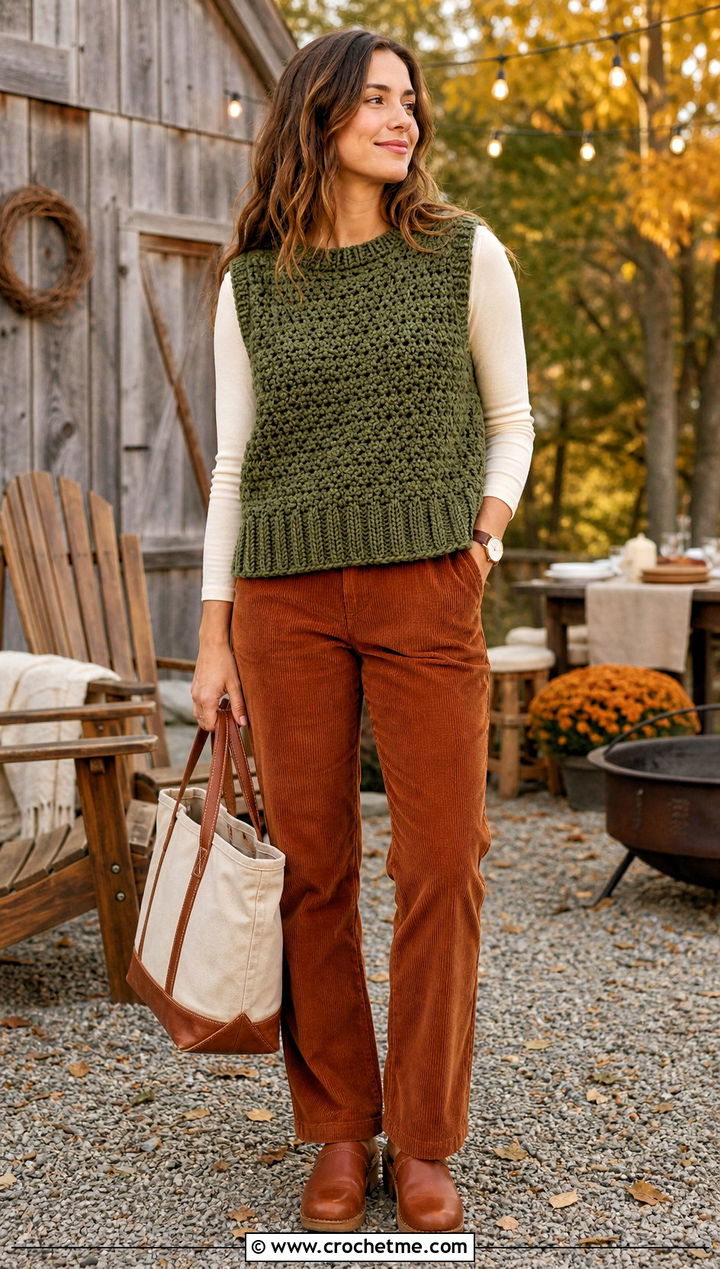 Ribbed Hem Chunky Crochet Vest With Corduroy Pants - 25 Chunky Crochet Vest outfit ideas