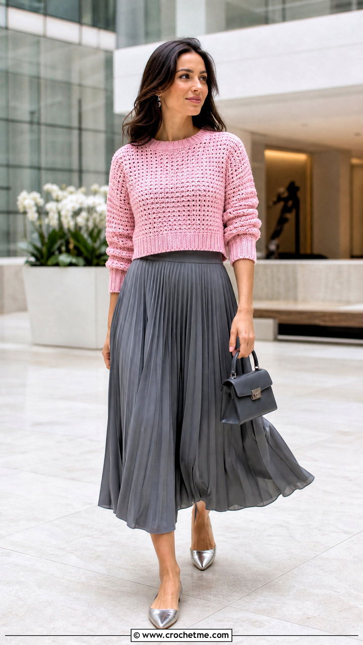 Ribbed Hem Crochet Cropped Sweater With Pleated Skirt - 35 crochet cropped sweater outfit ideas