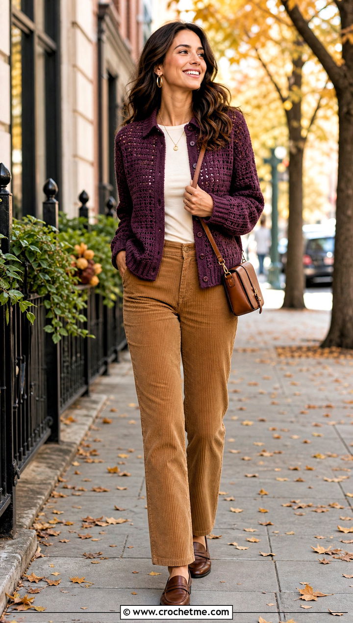 Ribbed Hem Crochet Shirt With Corduroy Pants - 30 easy crochet shirt outfit ideas