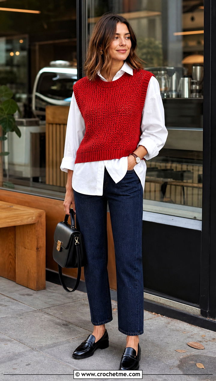 Ribbed Hem Crochet Sweater Vest With White Shirt And Jeans - 35 crochet sleeveless vest outfit ideas