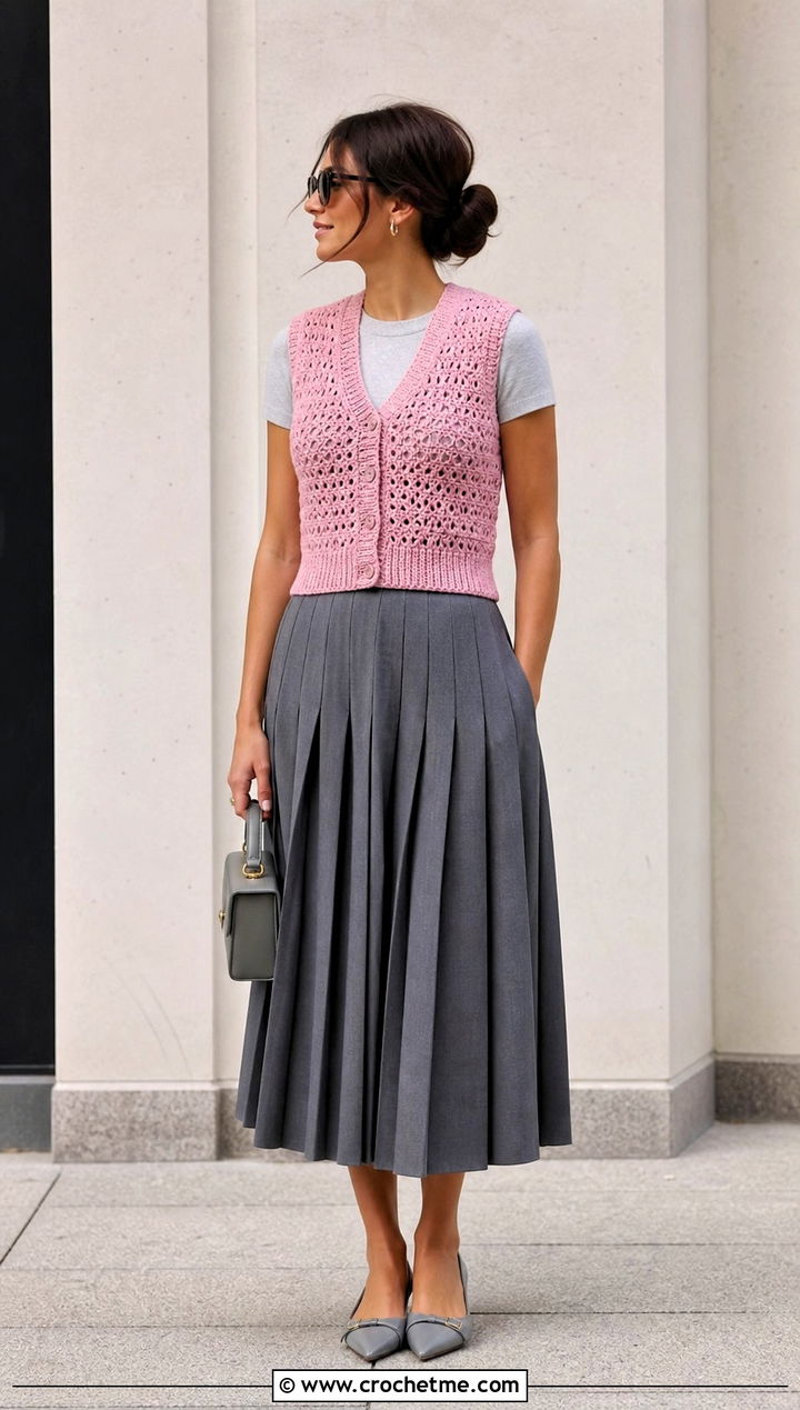 Ribbed Hem Crochet Waistcoat With Pleated Midi Skirt - 20 ladies crochet waistcoat outfit ideas