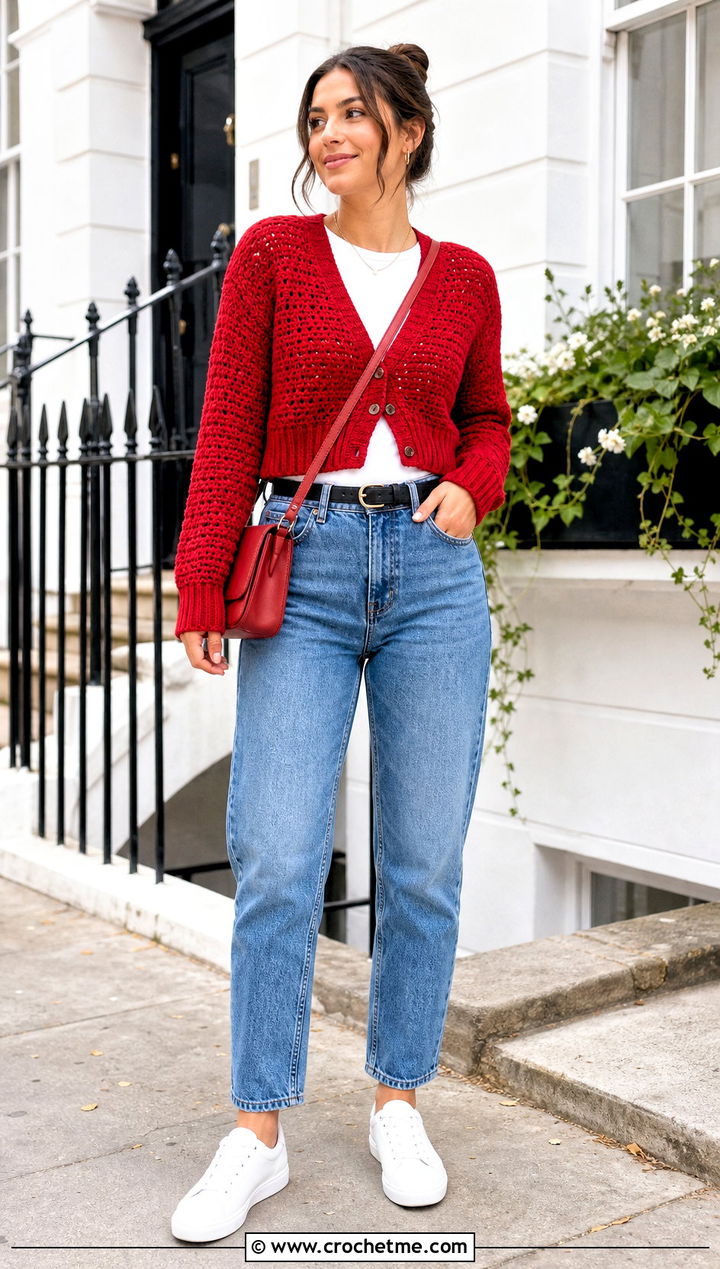 Ribbed Hem Cropped Crochet Cardigan With Mom Jeans - 35 cropped crochet cardigan outfit ideas