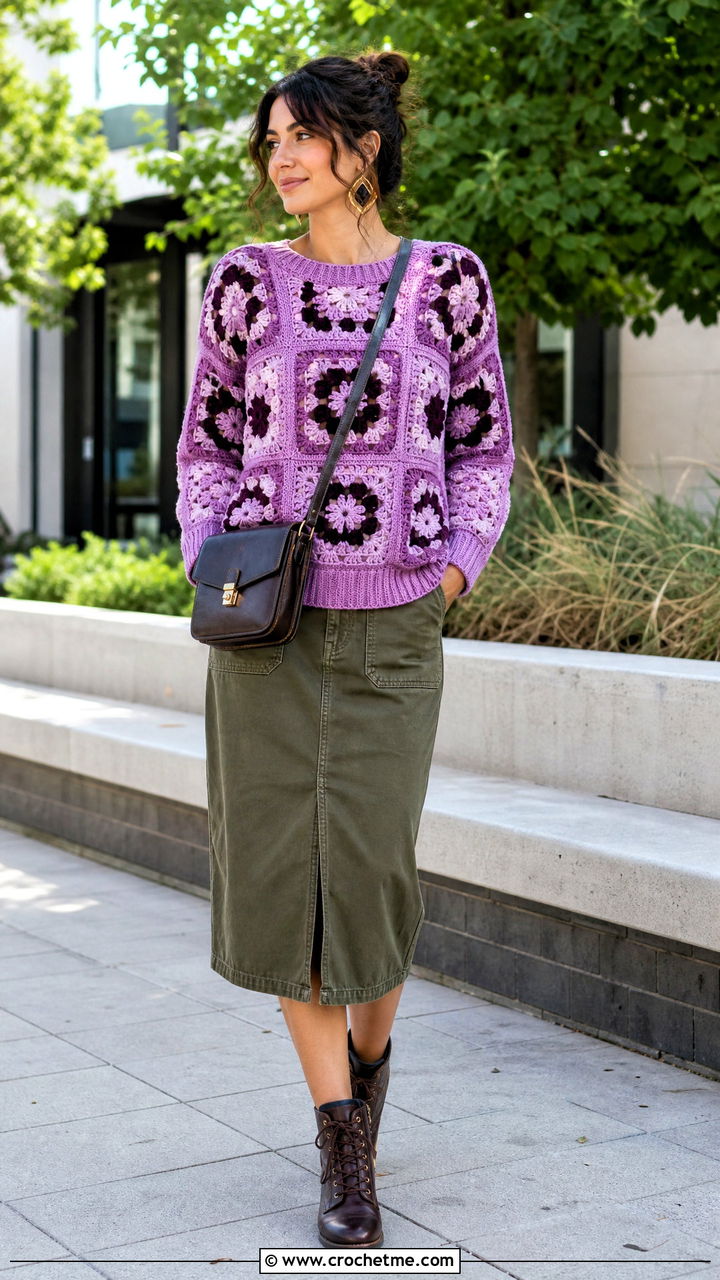 Ribbed Hem Granny Square Sweater With Utility Midi Skirt - 35 crochet granny square sweater outfit ideas