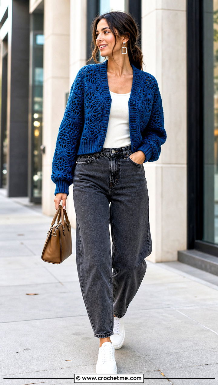 Ribbed Hem Hexagon Cardigan With Barrel Jeans - 35 granny square hexagon cardigan outfit ideas