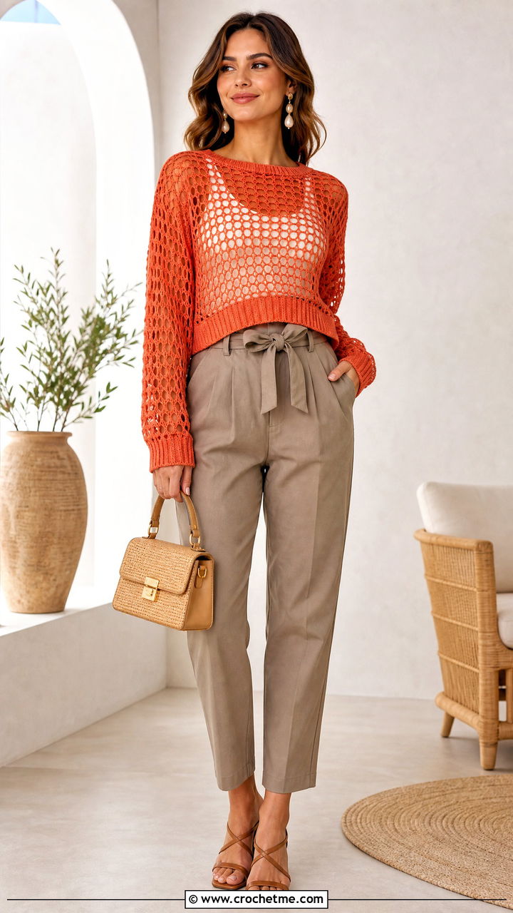 Ribbed Hem Mesh Sweater With Paperbag Pants - 35 crochet net sweater outfit ideas