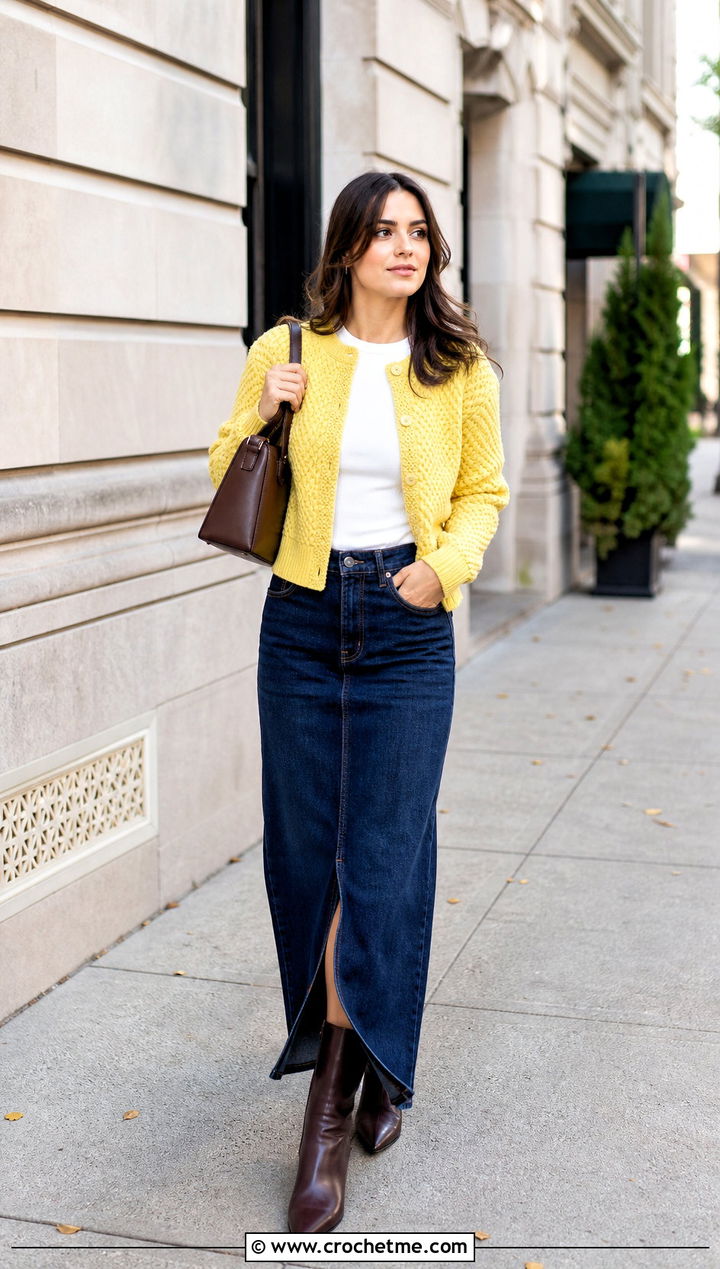 Ribbed Hem Solid Hexagon Cardigan With Denim Maxi Skirt - 30 crochet solid hexagon cardigan outfit ideas