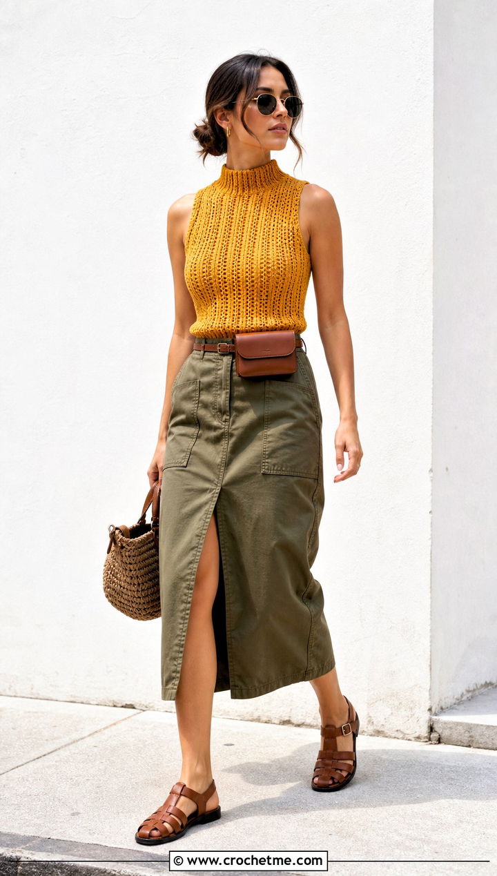 Ribbed High Neck Crochet Top With Utility Skirt - 35 high neck crochet top outfit ideas