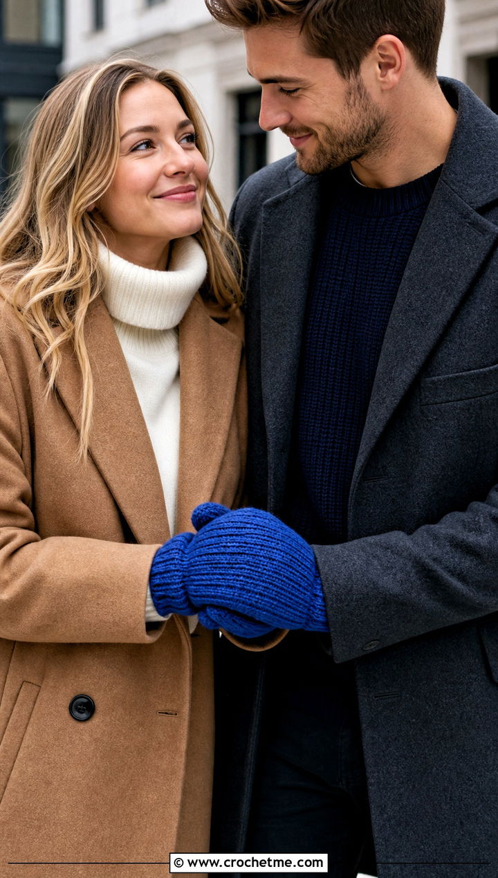 Ribbed Holding Hands Mittens With Wool Coats - 25 crochet couple mittens outfit ideas
