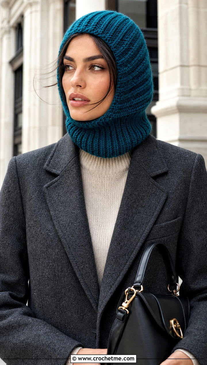 Ribbed Hooded Crochet Balaclava With Wool Coat - 30 hooded crochet balaclava outfit ideas
