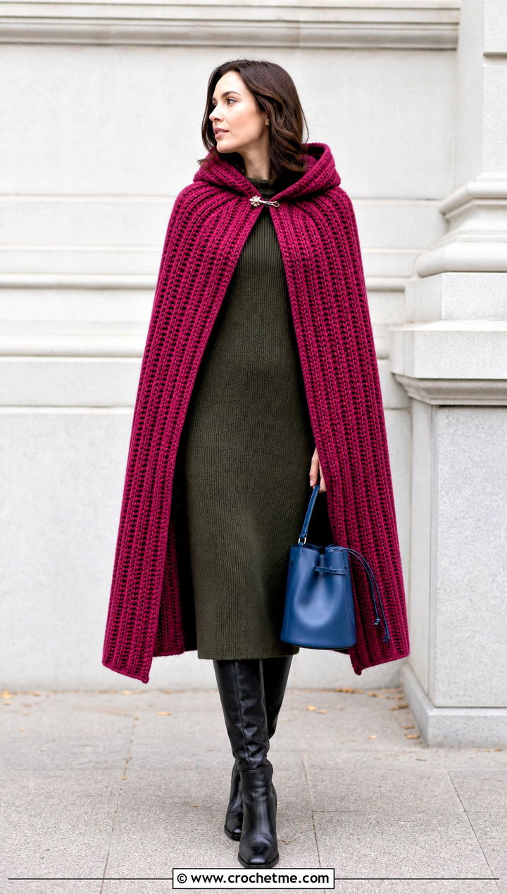 Ribbed Hooded Crochet Cape With Sweater Dress - 25 Hooded Crochet Cape outfit ideas