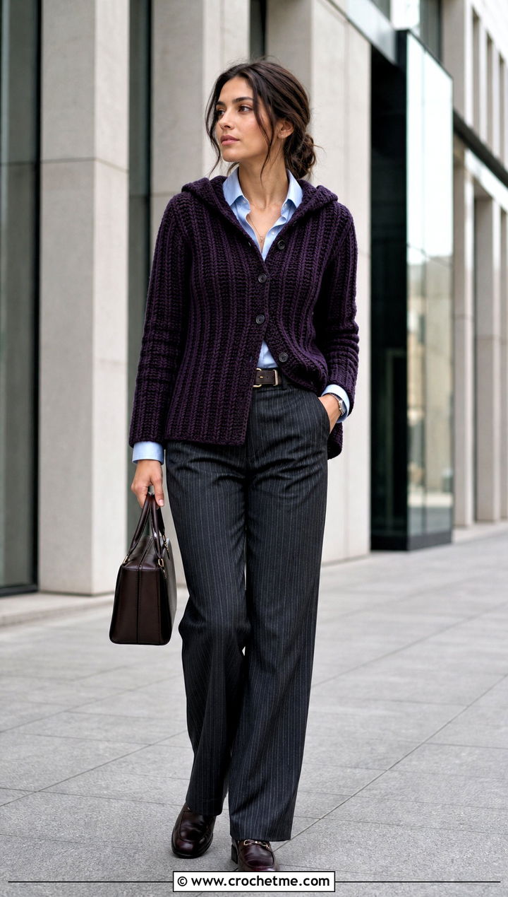 Ribbed Hooded Crochet Sweater With Pinstripe Trousers - 25 Hooded Crochet Sweater outfit ideas