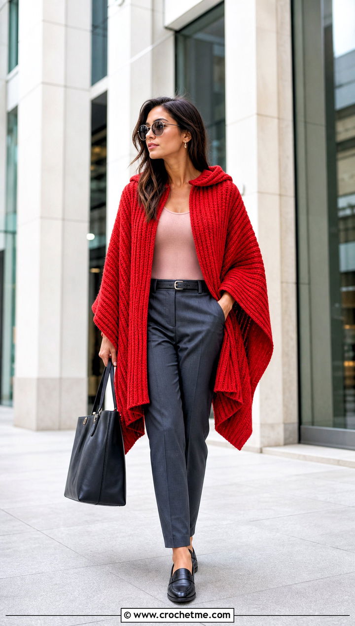 Ribbed Hooded Poncho With Tailored Trousers - 35 Crochet Hooded Poncho outfit ideas