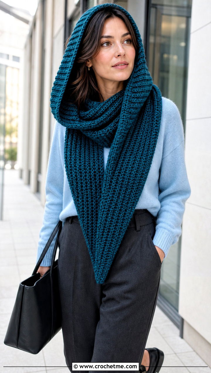 Ribbed Hooded Triangle Crochet Scarf With Tailored Trousers - 25 Hooded Triangle Crochet Scarf outfit ideas