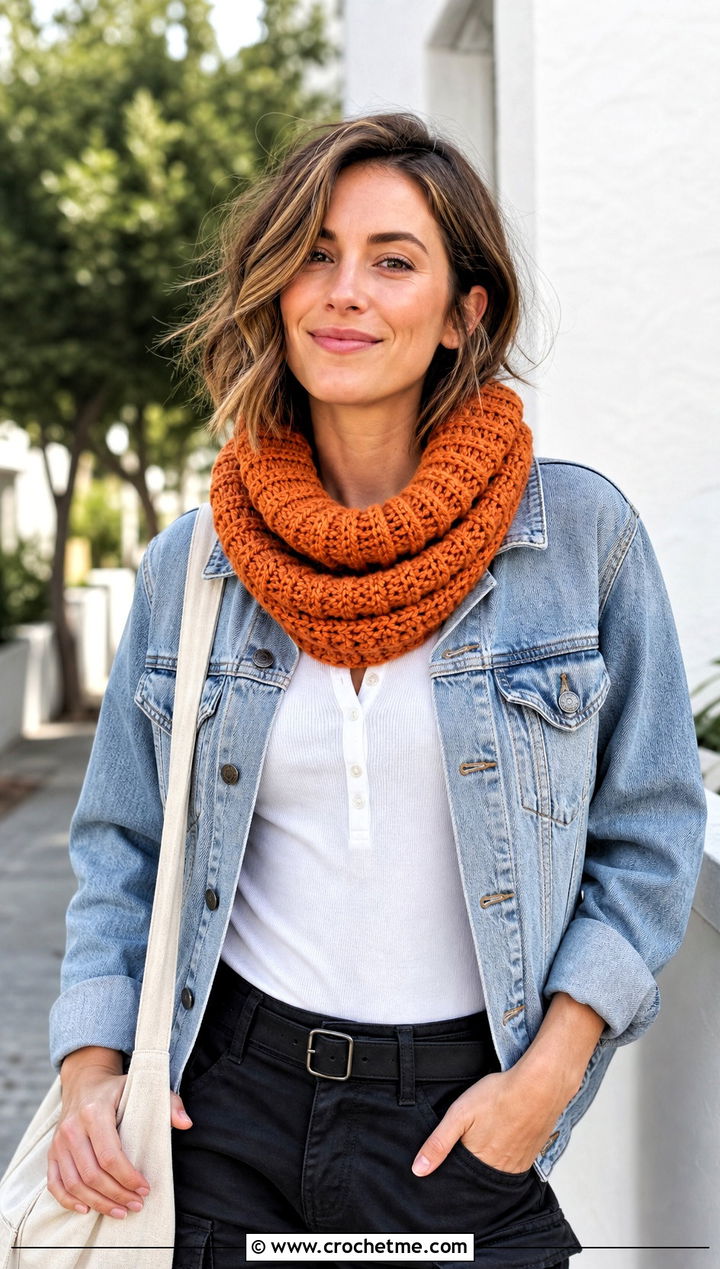 Ribbed Huntress Crochet Cowl With Denim Jacket - 15 huntress crochet cowl outfit ideas