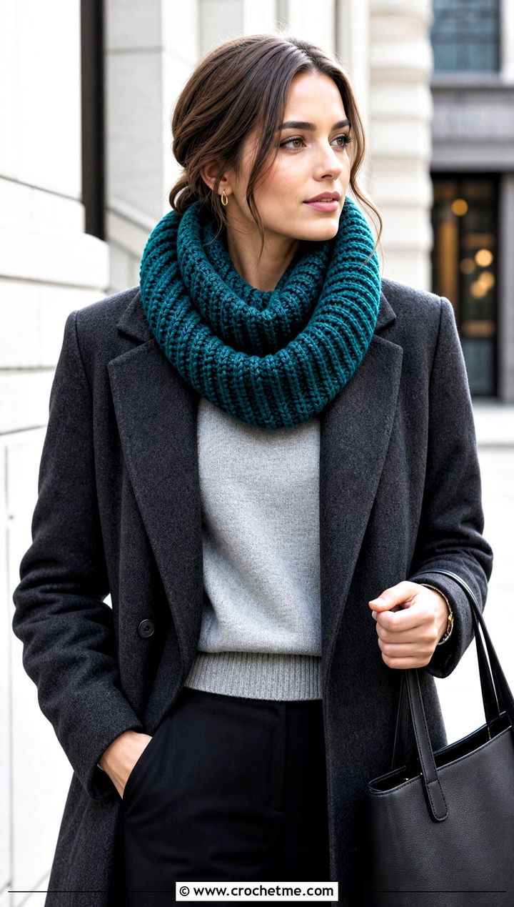 Ribbed Infinity Crochet Scarf With Tailored Coat - 15 Textured Crochet Scarf Design outfit ideas