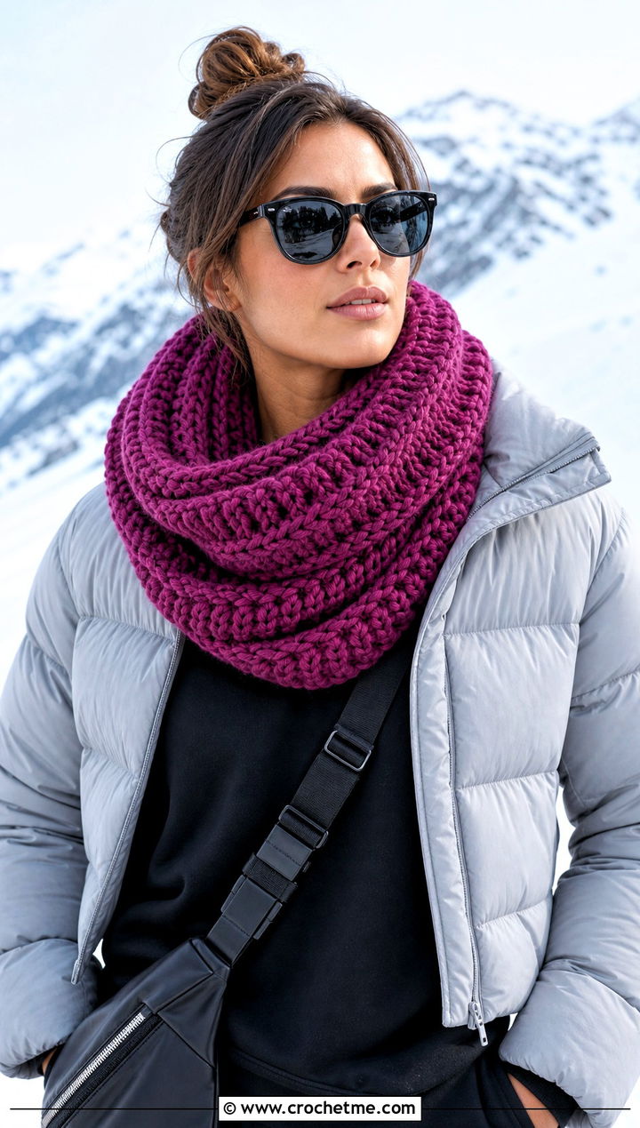 Ribbed Infinity Super Bulky Crochet Scarf With Puffer Jacket - 15 Super Bulky Crochet Scarf outfit ideas