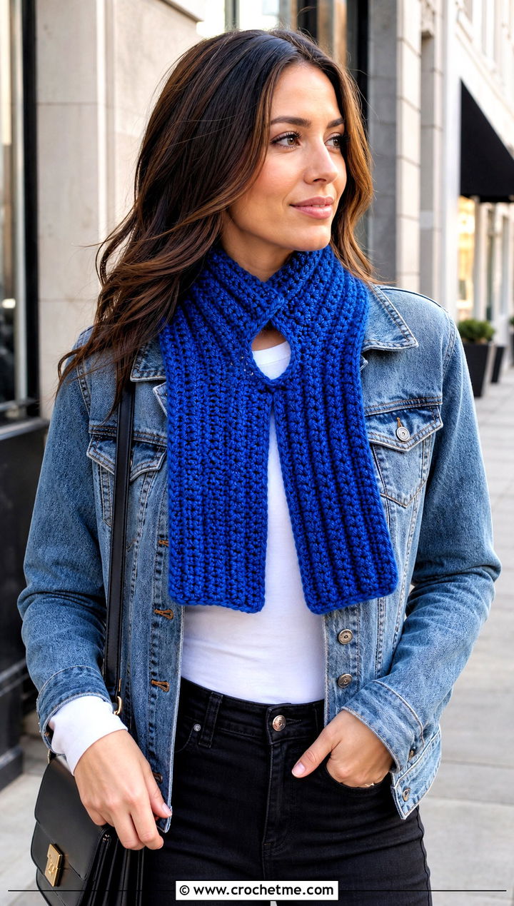 Ribbed Keyhole Scarf With Denim Jacket - 15 Crocheted Keyhole Scarf outfit ideas
