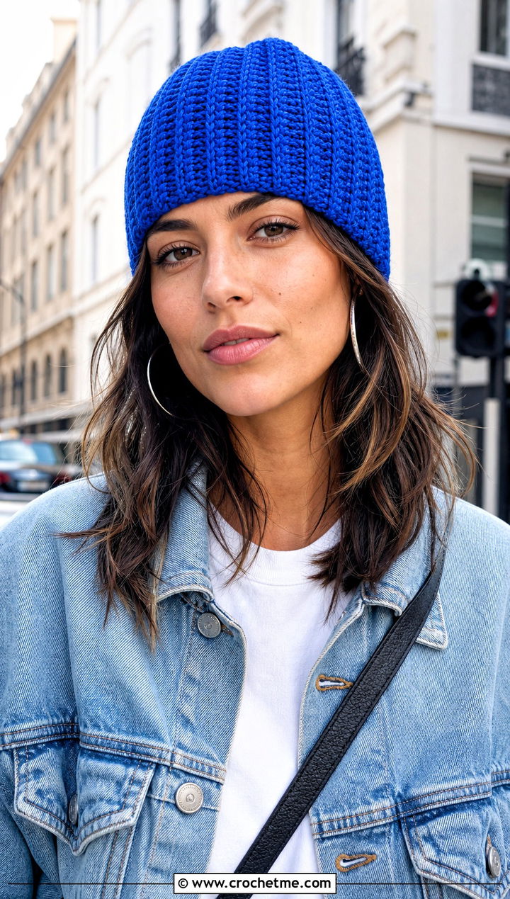 Ribbed Knit Look Crochet Beanie With Denim Jacket - 20 Crochet Knit Look Hat outfit ideas