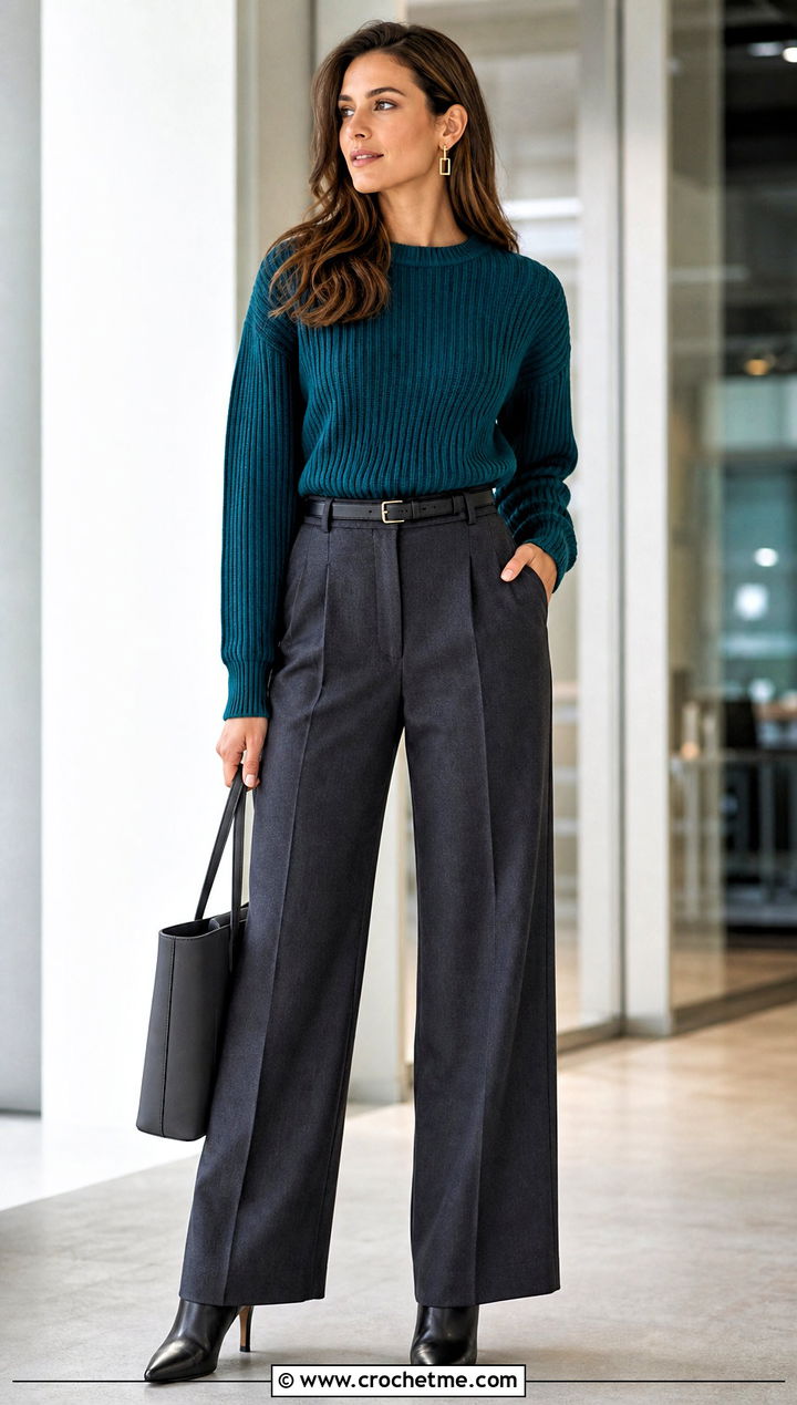 Ribbed Knit Sweater With Wide Leg Trousers - 30 Knit And Crochet Sweater outfit ideas