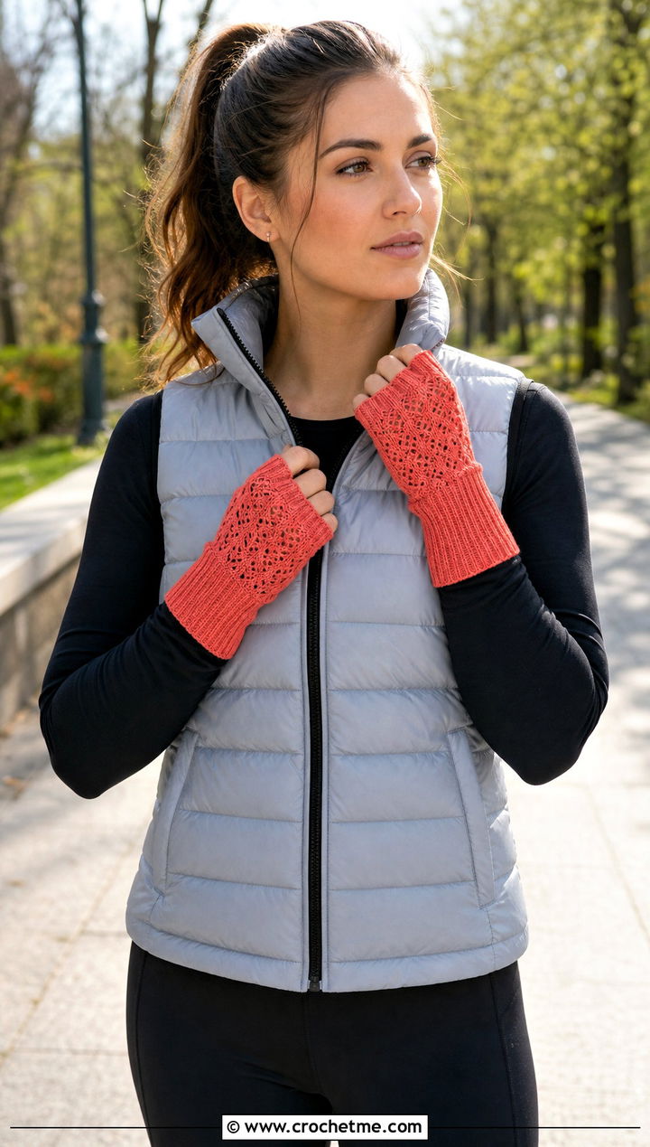 Ribbed Lace Gauntlet Gloves With Puffer Vest - 15 Crochet Lacy Fingerless Gloves outfit ideas