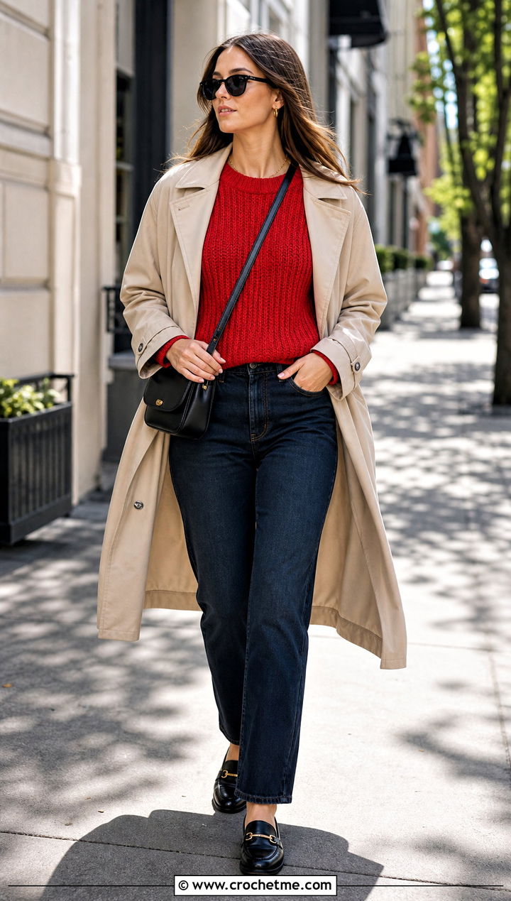 Ribbed Light Crochet Sweater With Trench Coat And Jeans - 25 Light Crochet Sweater outfit ideas