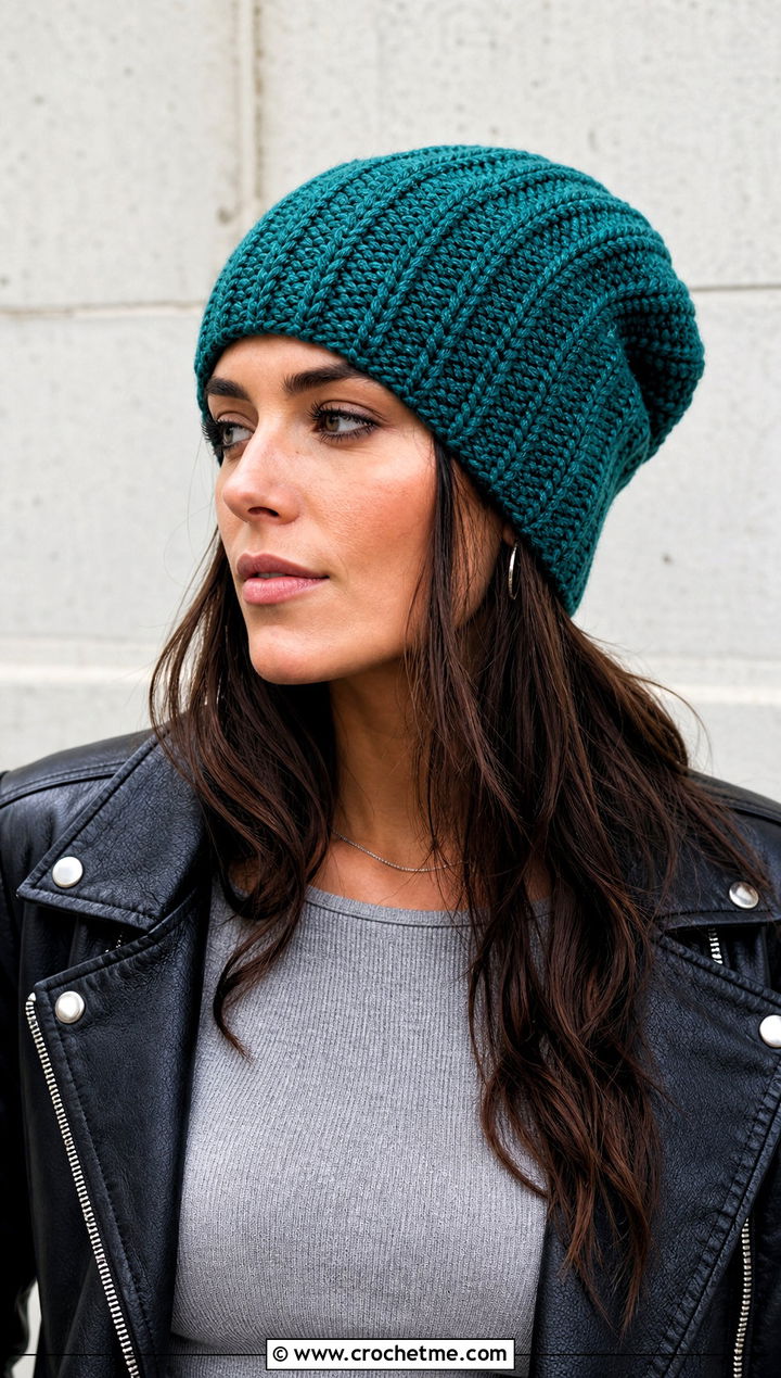 Ribbed Long Crochet Beanie With Leather Jacket - 30 crochet long hat outfit ideas