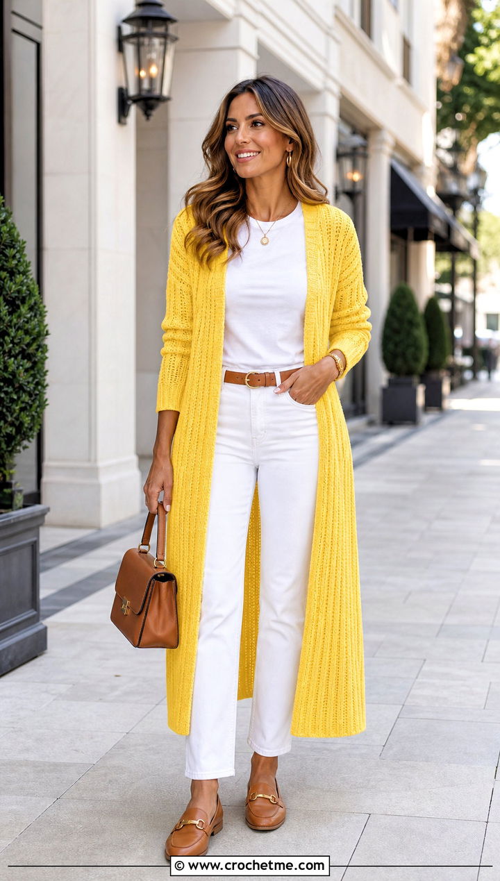 Ribbed Long Crochet Duster With White Jeans - 25 Long Crochet Duster outfit ideas