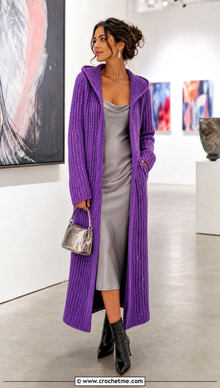 Ribbed Long Hooded Cardigan With Slip Dress - 25 crochet long hooded cardigan outfit ideas