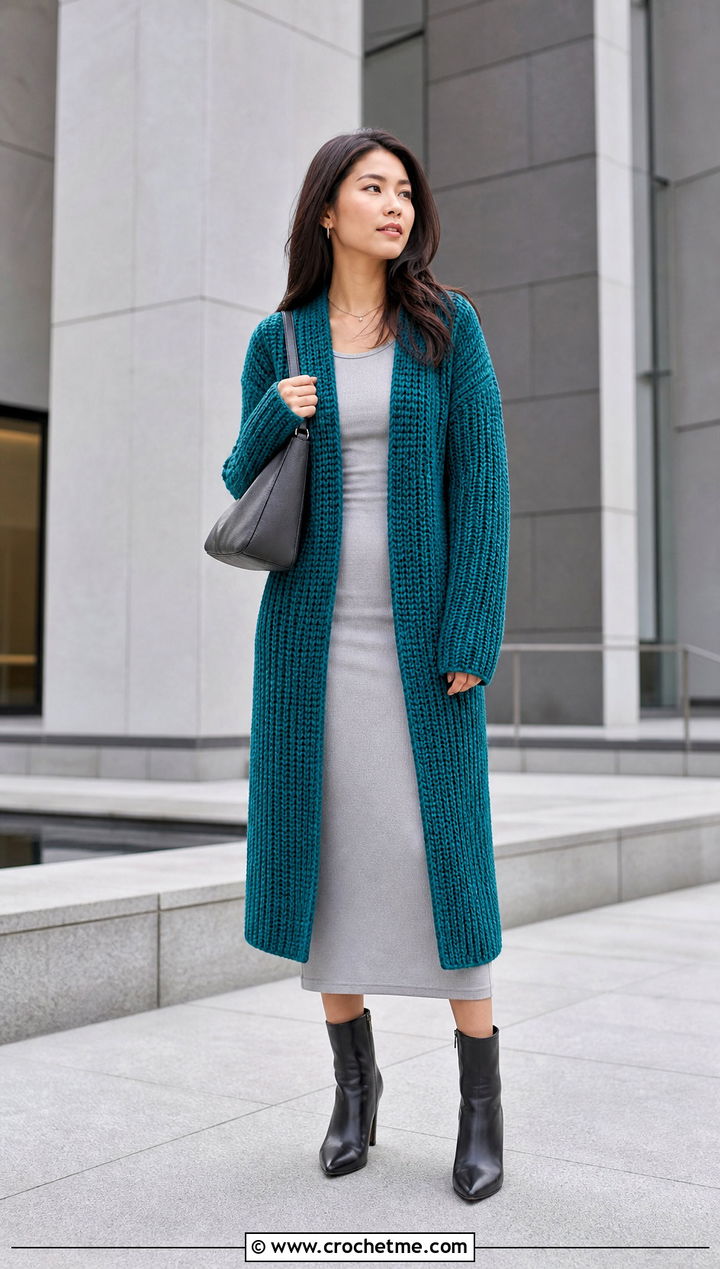Ribbed Long Rectangle Crochet Cardigan With Column Dress - 20 Crochet Cardigan From Rectangle outfit ideas