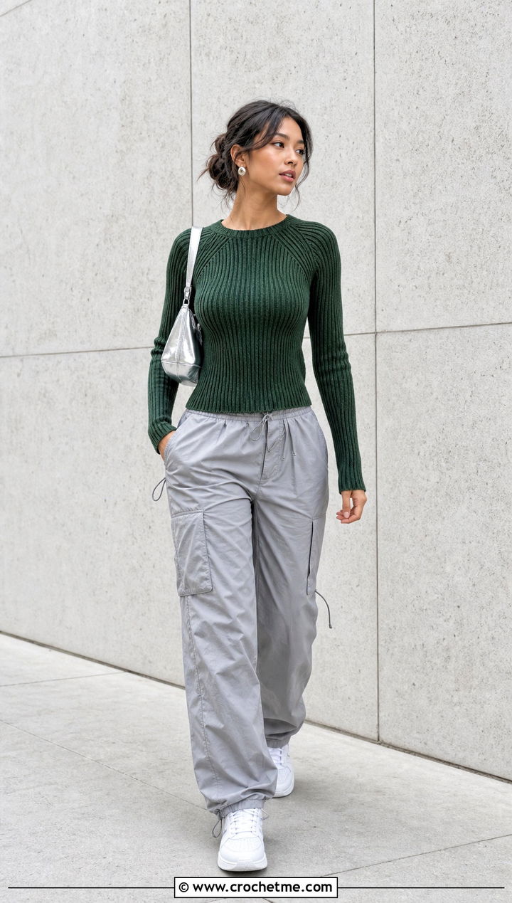 Ribbed Long Sleeve Raglan Crochet Top With Parachute Pants - 35 raglan crochet top outfit ideas