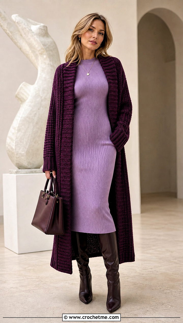 Ribbed Longline Crochet Coatigan With Midi Dress - 25 Bulky Crochet Cardigan outfit ideas
